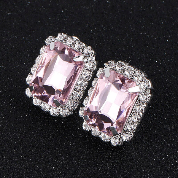 Fashion Pink/Multicolor Crystal Oblong Clip Earrings For Women