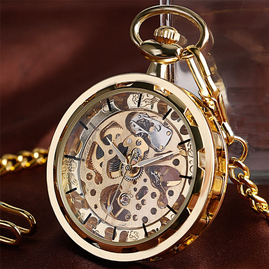 Transparent Open Face Hollow Skeleton Mechanical Pocket Watch