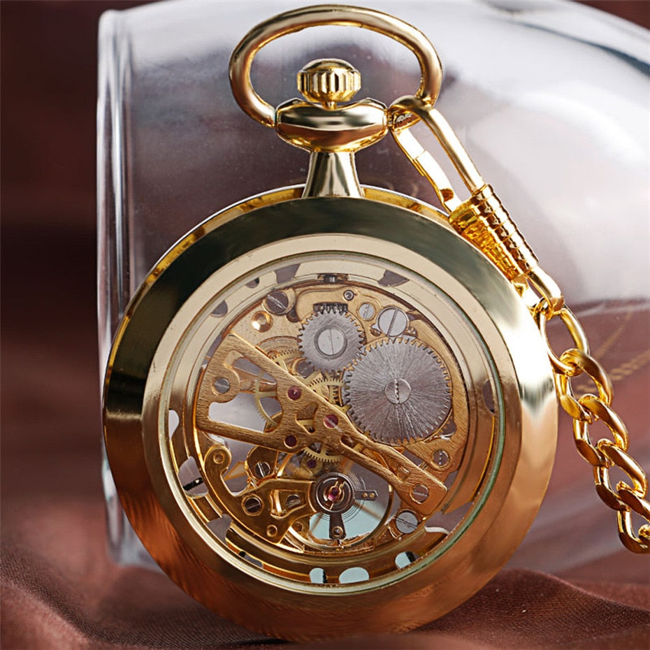 Transparent Open Face Hollow Skeleton Mechanical Pocket Watch