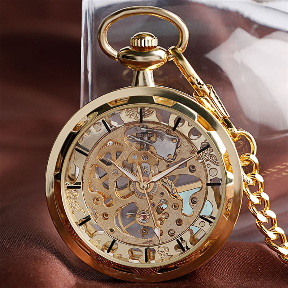 Transparent Open Face Hollow Skeleton Mechanical Pocket Watch