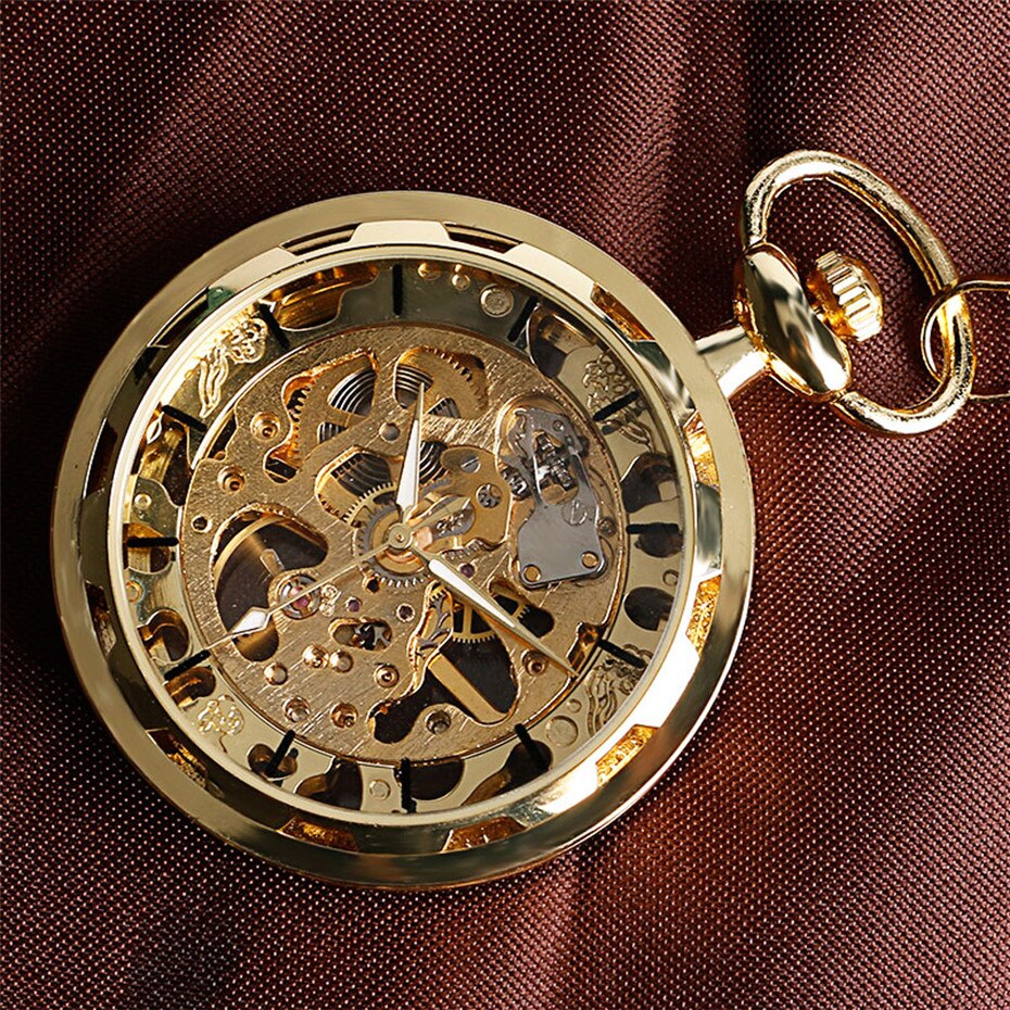 Transparent Open Face Hollow Skeleton Mechanical Pocket Watch