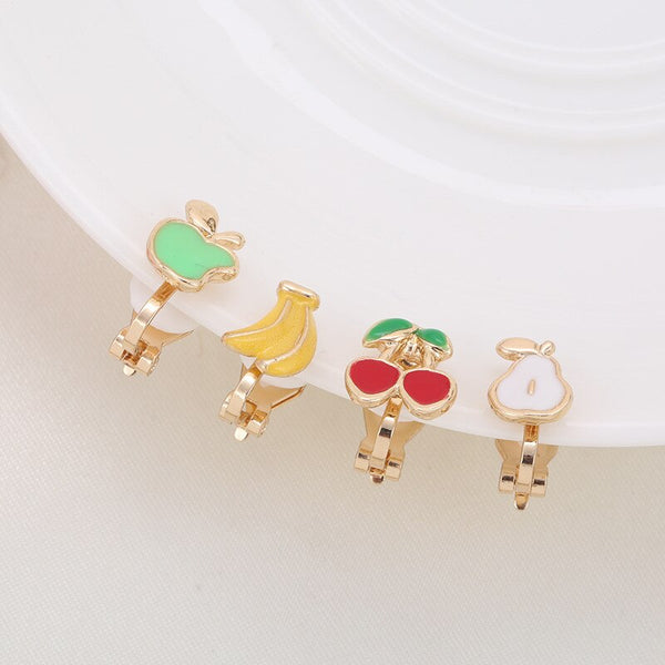 Pendientes de clip con forma de fruta para niños, 4 piezas, joyería de dibujos animados para niños