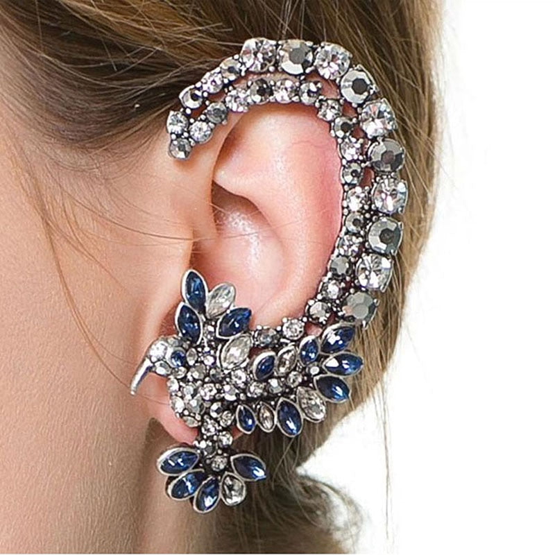 Eexaggerated Black Metal Colorful Blue Crystal Big Flower Crystal Ear Clip Cuff Earrings