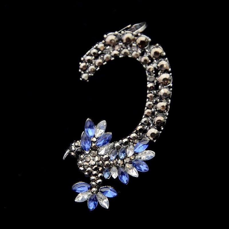 Eexaggerated Black Metal Colorful Blue Crystal Big Flower Crystal Ear Clip Cuff Earrings