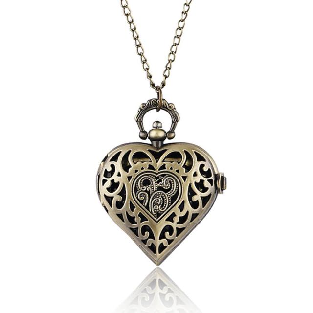 Fashion Silver Heart Shaped Lovely Hollow Elegant Quartz Pocket Watch