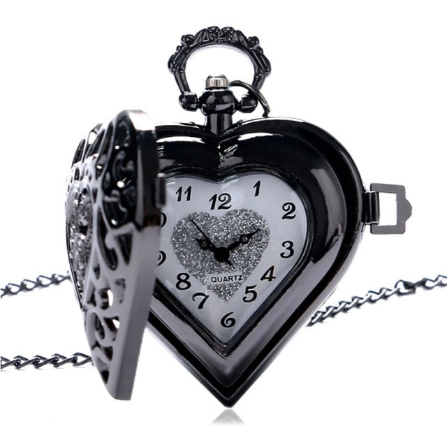 Fashion Silver Heart Shaped Lovely Hollow Elegant Quartz Pocket Watch