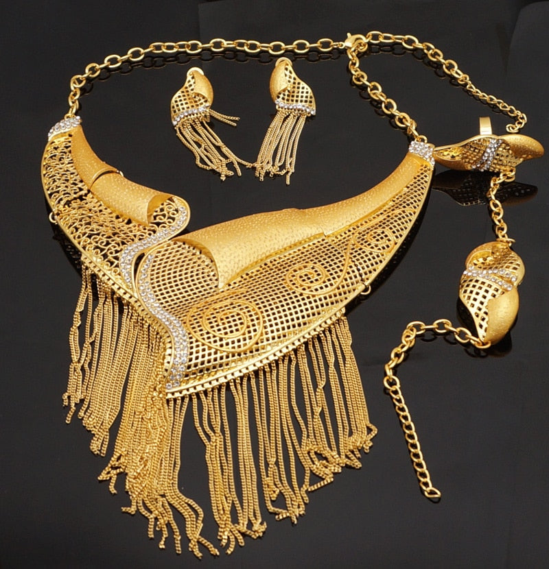 Dubai 24k Gold Big  Women Wedding Long Necklace Ethiopian Set