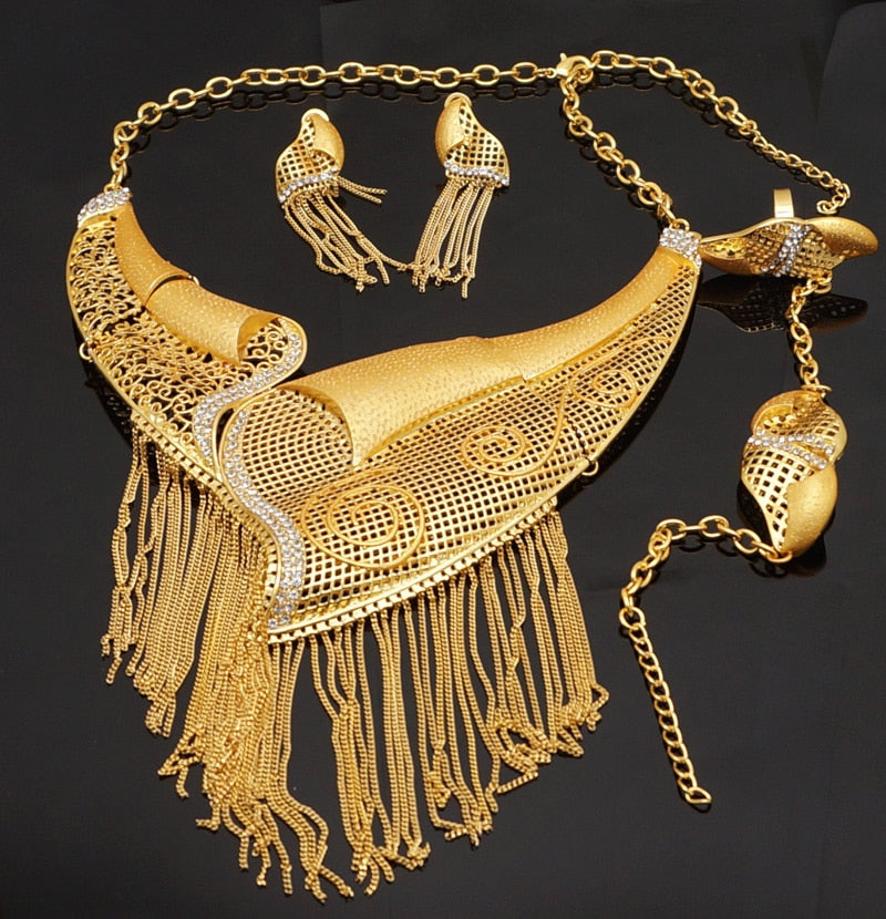 Dubai 24k Gold Big  Women Wedding Long Necklace Ethiopian Set