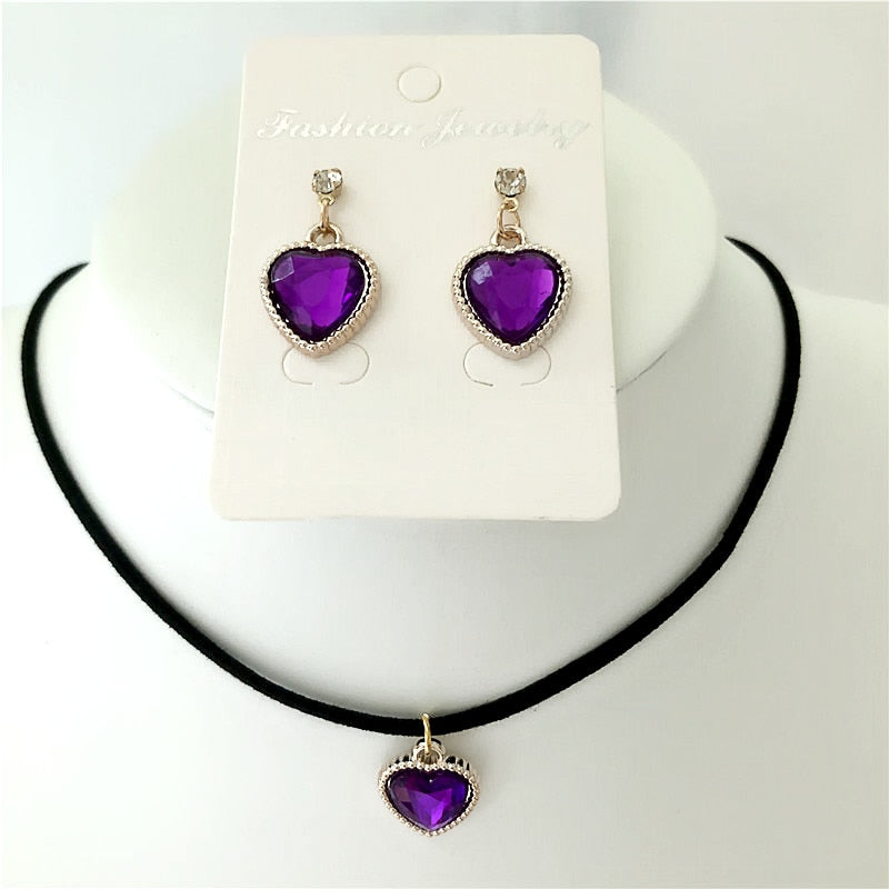 Black Velvet Leather cute love heart Choker Necklace Jewelry Sets