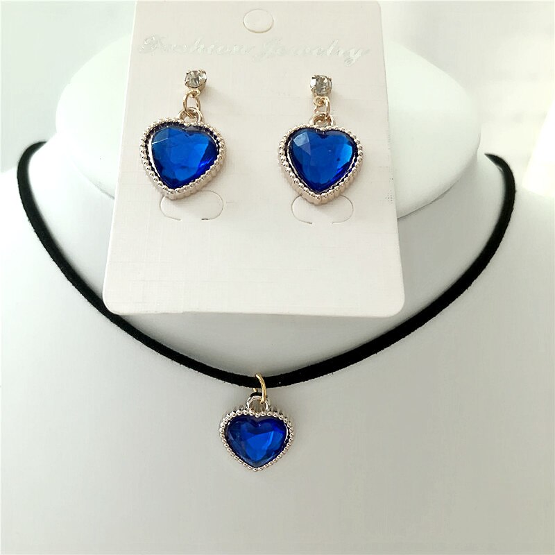 Black Velvet Leather cute love heart Choker Necklace Jewelry Sets