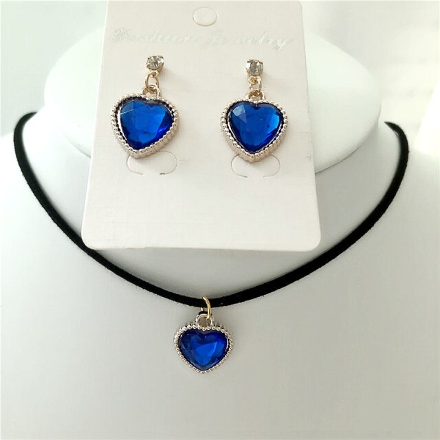 Black Velvet Leather cute love heart Choker Necklace Jewelry Sets