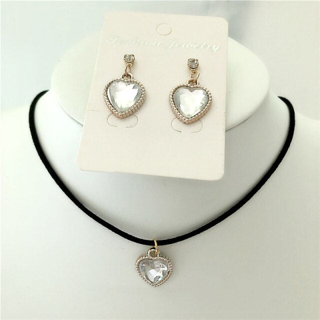 Black Velvet Leather cute love heart Choker Necklace Jewelry Sets