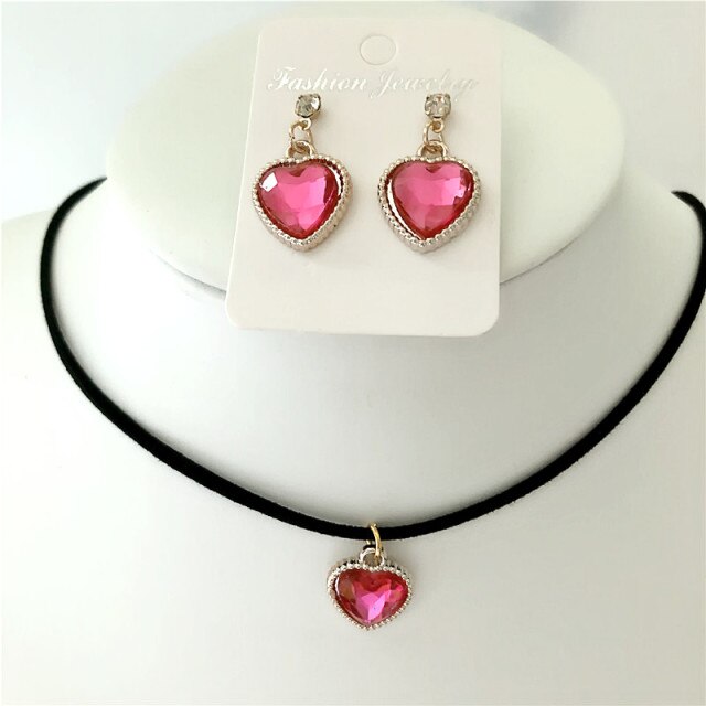 Black Velvet Leather cute love heart Choker Necklace Jewelry Sets