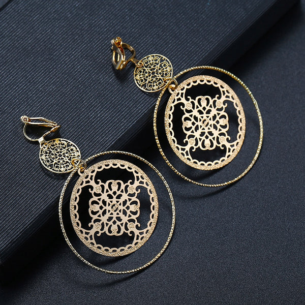 Hollowed Dsic Textured Round Clip on Earrings No Piercing Gold Color Big Circle Hoop Ear Clips