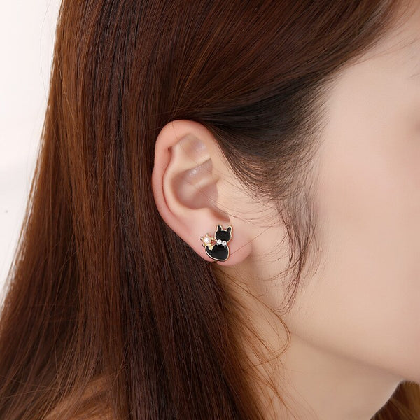 Pendientes de clip con forma de animal y diamantes de imitación, sin agujero, con forma de gato y gota de aceite