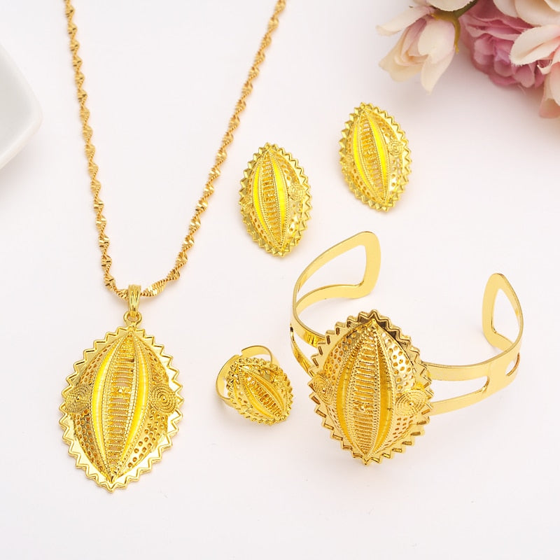gold Ethiopian Traditional Necklace Earrings Eritrea Jewelry set