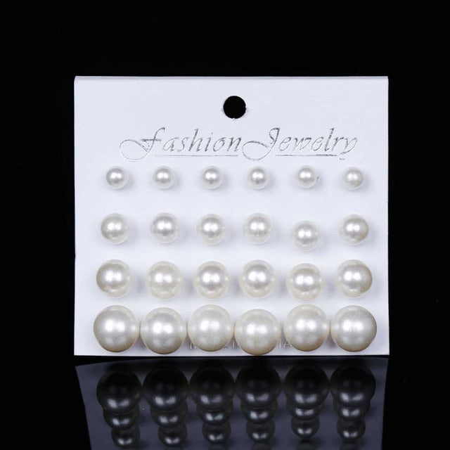White Beige Black 12 pairs/set Simulated Pearl Earrings
