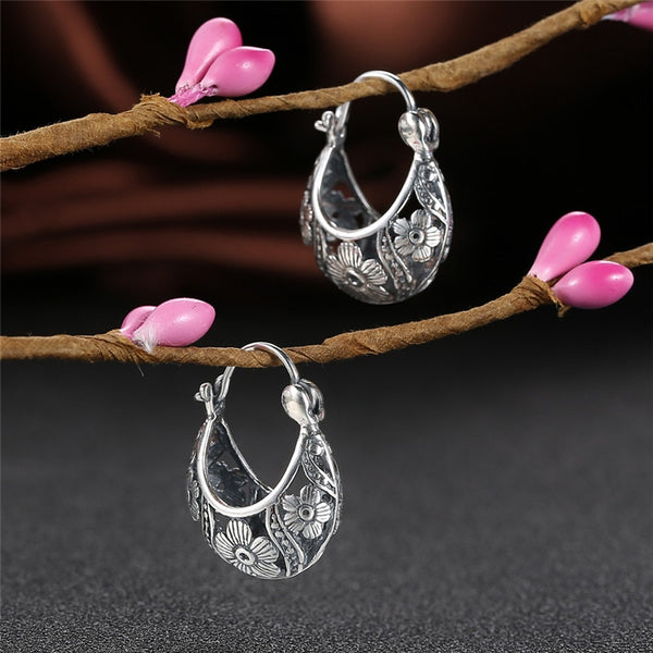 Pendientes étnicos de plata de ley 925 con forma de flor hueca para mujer