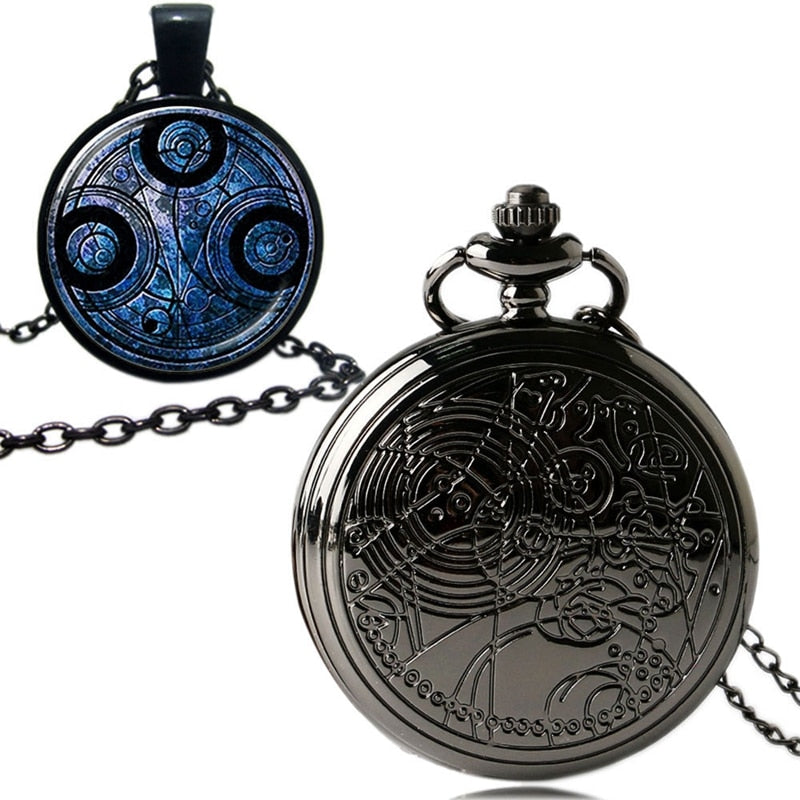 Vintage Black Time Lord Seal Quartz Pocket Watch Necklace Fob Chain Box