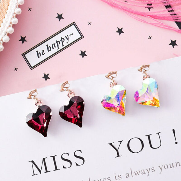 Pendientes de clip con forma de corazón de cristal de estrás de alta calidad, sin perforaciones