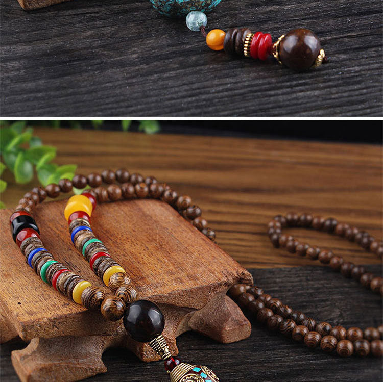 Nepal Long Buddhist Mala Wood Beaded Pendant & Necklace