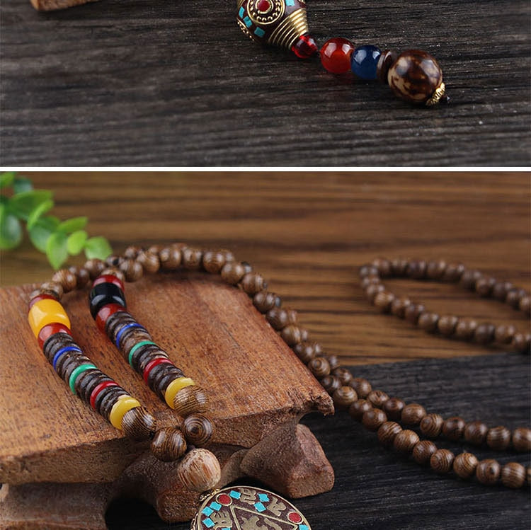 Nepal Long Buddhist Mala Wood Beaded Pendant & Necklace