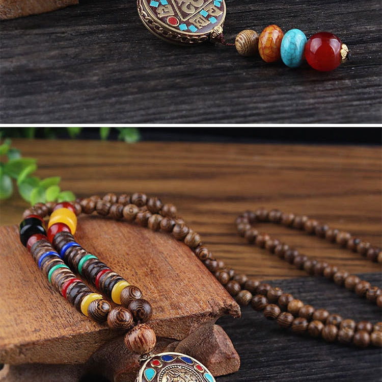 Nepal Long Buddhist Mala Wood Beaded Pendant & Necklace