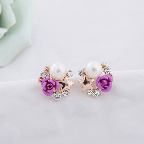 Pendientes de clip con flor de perla simulada de diamantes de imitación de alta calidad, sin perforaciones