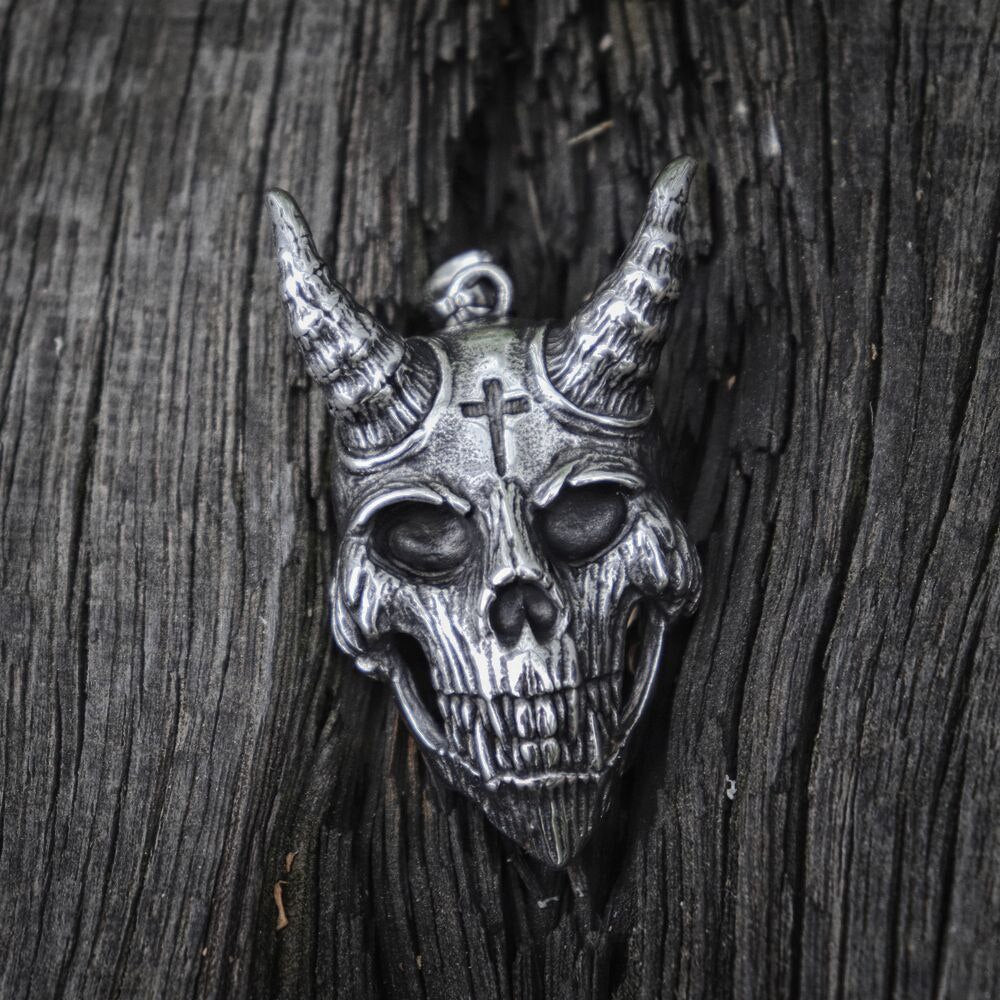 Gothic Devil Cross Stainless Steel Skull Pendant Necklace
