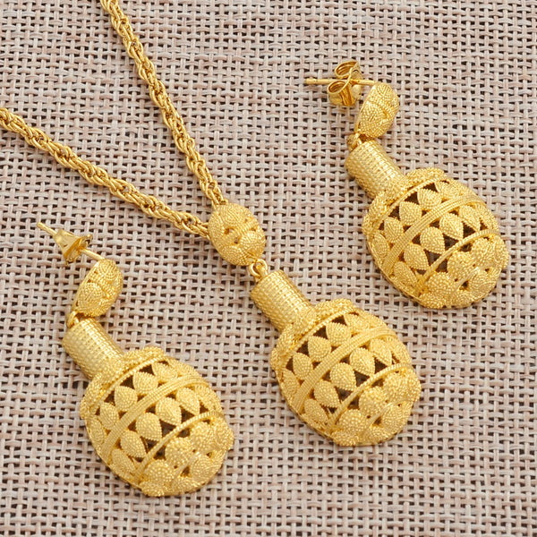 Gold Color Ethiopian Pendant Necklaces Earrings Jewelry Sets