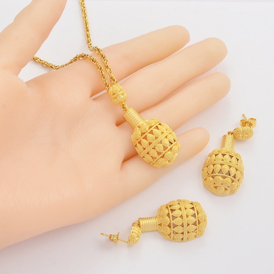 Gold Color Ethiopian Pendant Necklaces Earrings Jewelry Sets