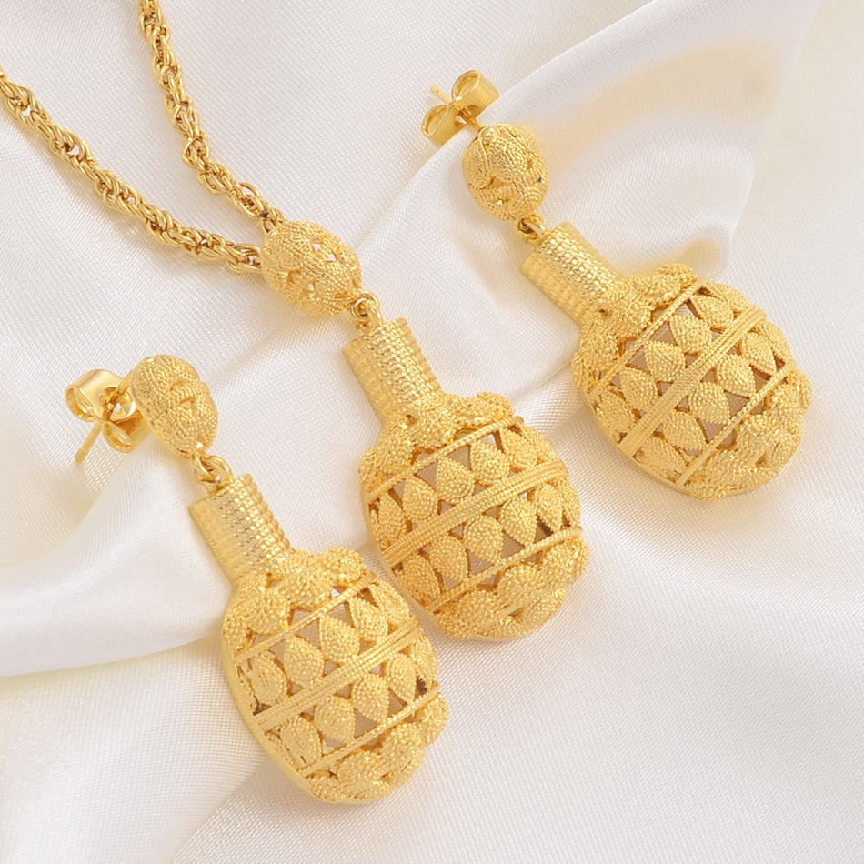Gold Color Ethiopian Pendant Necklaces Earrings Jewelry Sets