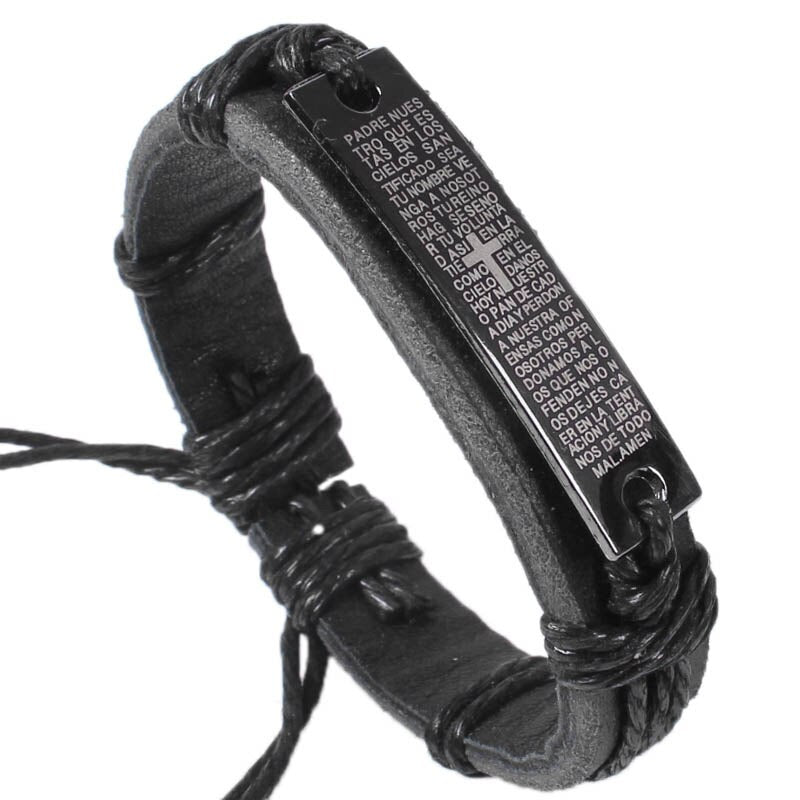 Carving Scripture Cross Leather Bracelet