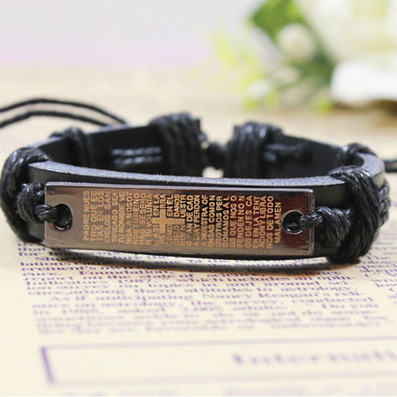 Carving Scripture Cross Leather Bracelet
