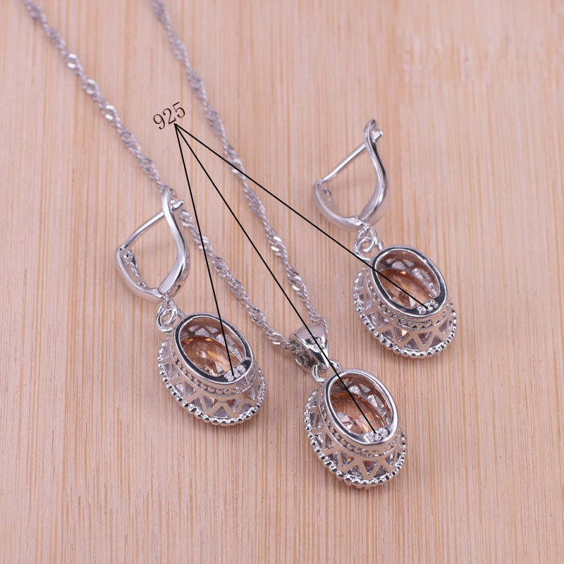 Silver Color  Oval Pendant Necklace Earrings+Rings set