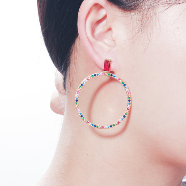 Pendientes colgantes grandes, redondos, bohemios, con circonitas cúbicas engastadas en color rosa y rojo