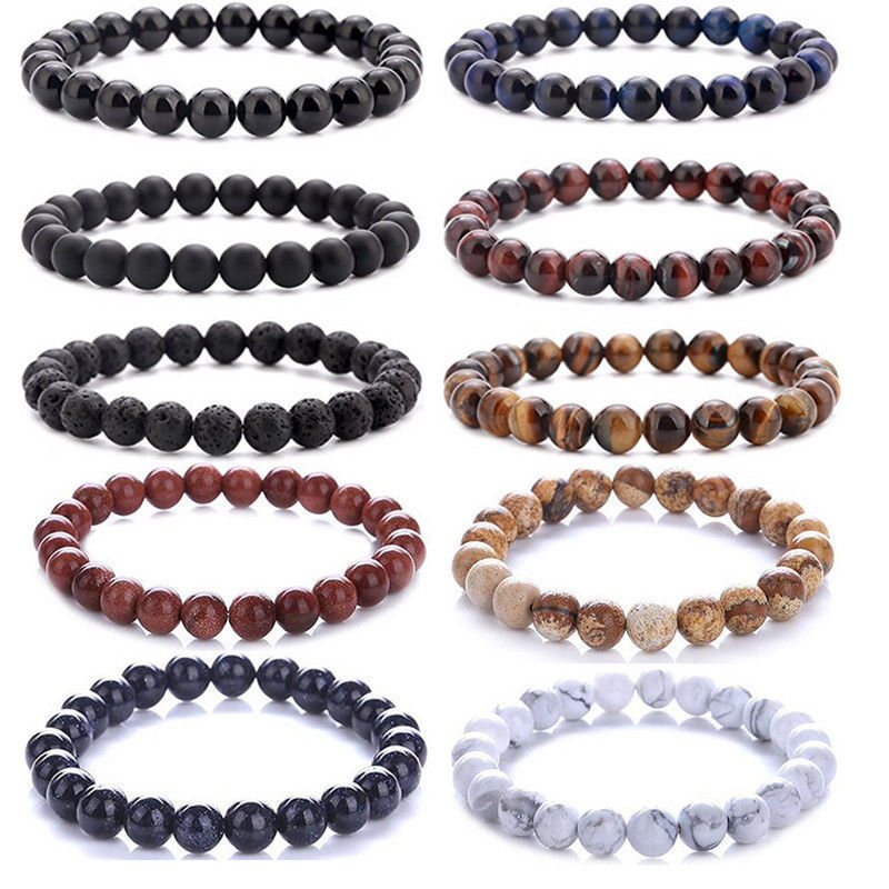 Natural Stone Lava Tiger Eye Black Onyx Matte Beads Bangle