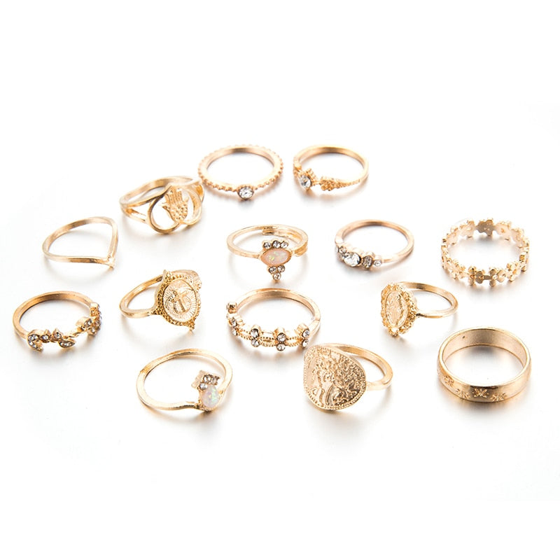 Bohemian Gold Virgin Mary Heart Flower Kunckle Midi Ring Set