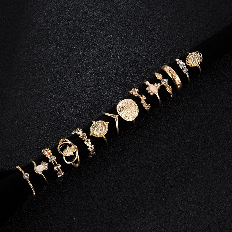 Bohemian Gold Virgin Mary Heart Flower Kunckle Midi Ring Set