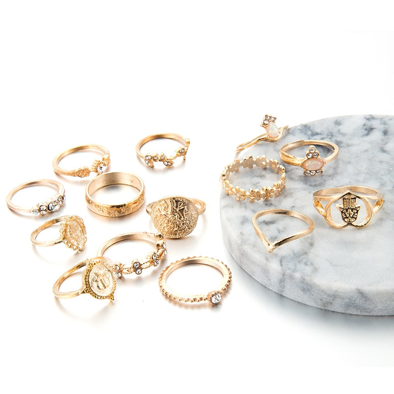Bohemian Gold Virgin Mary Heart Flower Kunckle Midi Ring Set