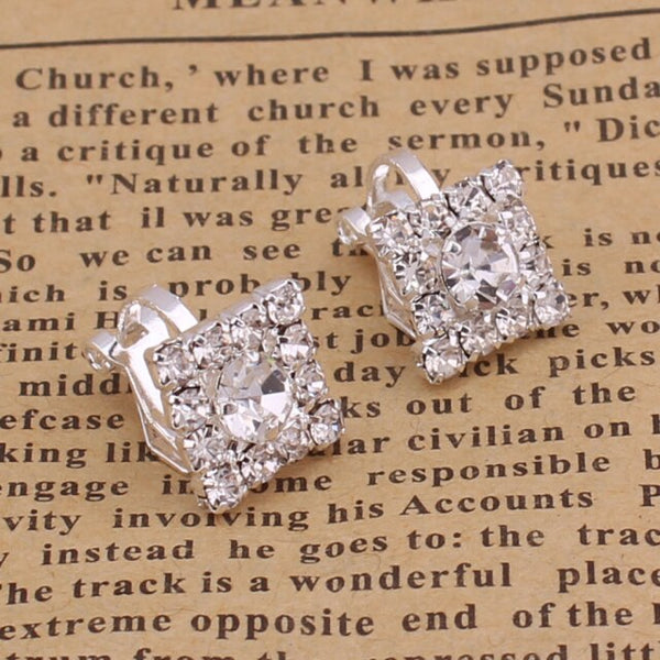 Pendientes de clip geométricos con corona de corazón de cristal y diamantes de imitación, sin perforar