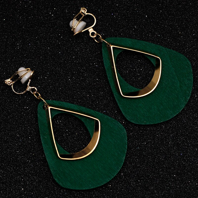 Geometric Water Droplets Clip On Earrings No Hole Ear Clips Green Wood Earrings