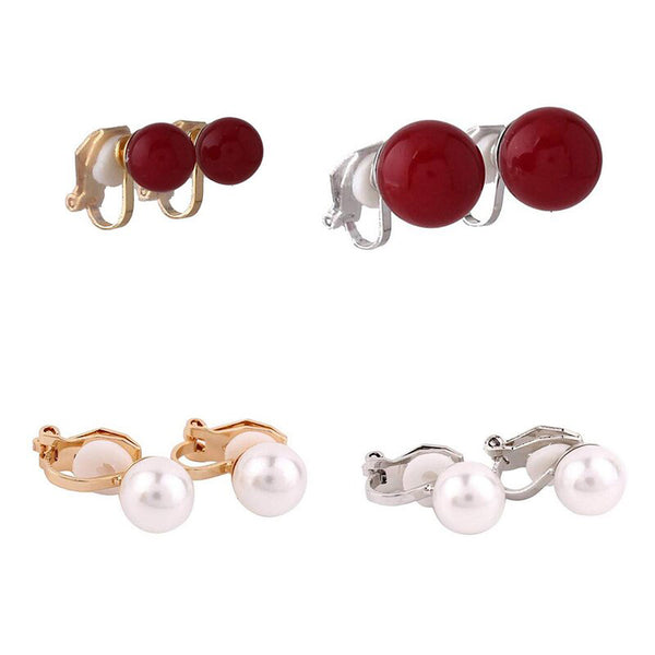 Pendientes de clip con perlas sintéticas de color blanco y rojo sin perforar para mujer
