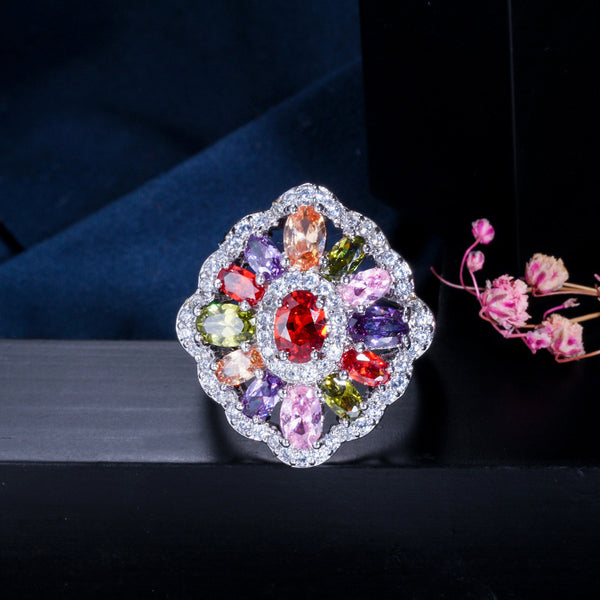 Anillo de boda para mujer con flor grande y colorido diamante de imitación de circonita cúbica