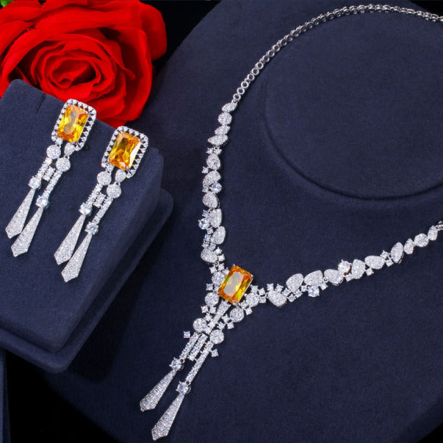 Luxury Yellow CZ Stone Dangle Drop Long Tassel Wedding Jewelry Sets T
