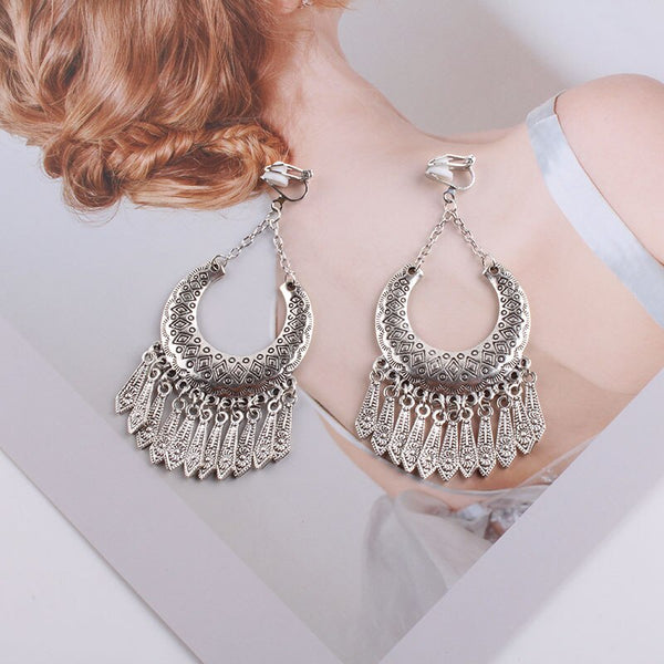 Pendientes de clip con borlas de color plata vintage bohemios sin perforación para mujer