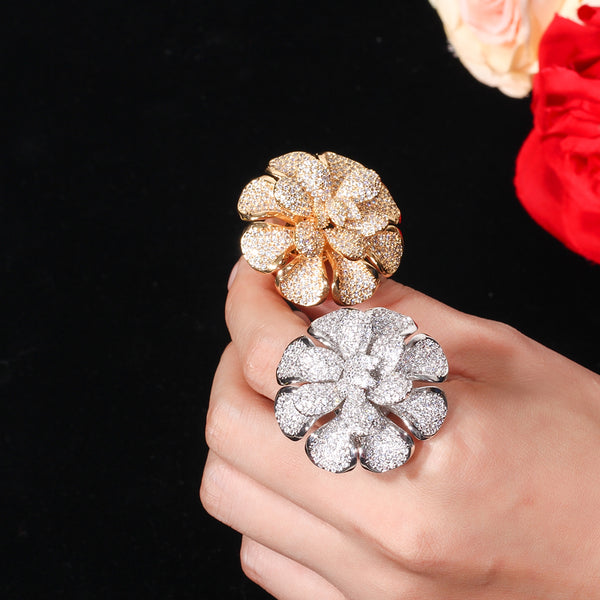 Luxury Big Flower Shape AAA+ Mirco Pave Cubic Zirconia Rings