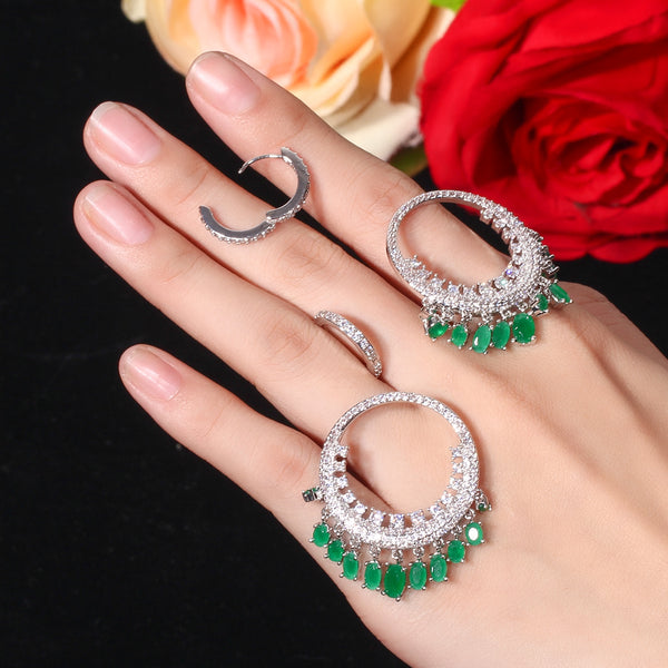 Ethnic Style   Big Green Round Hollow Shape Cubic Zirconia Party Hoop Earrings
