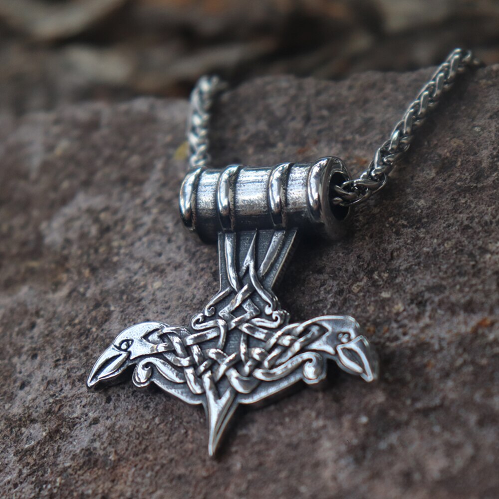 Viking Celtics Double Crow Mjolnir Thor's Hammer Stainless Steel Pendant