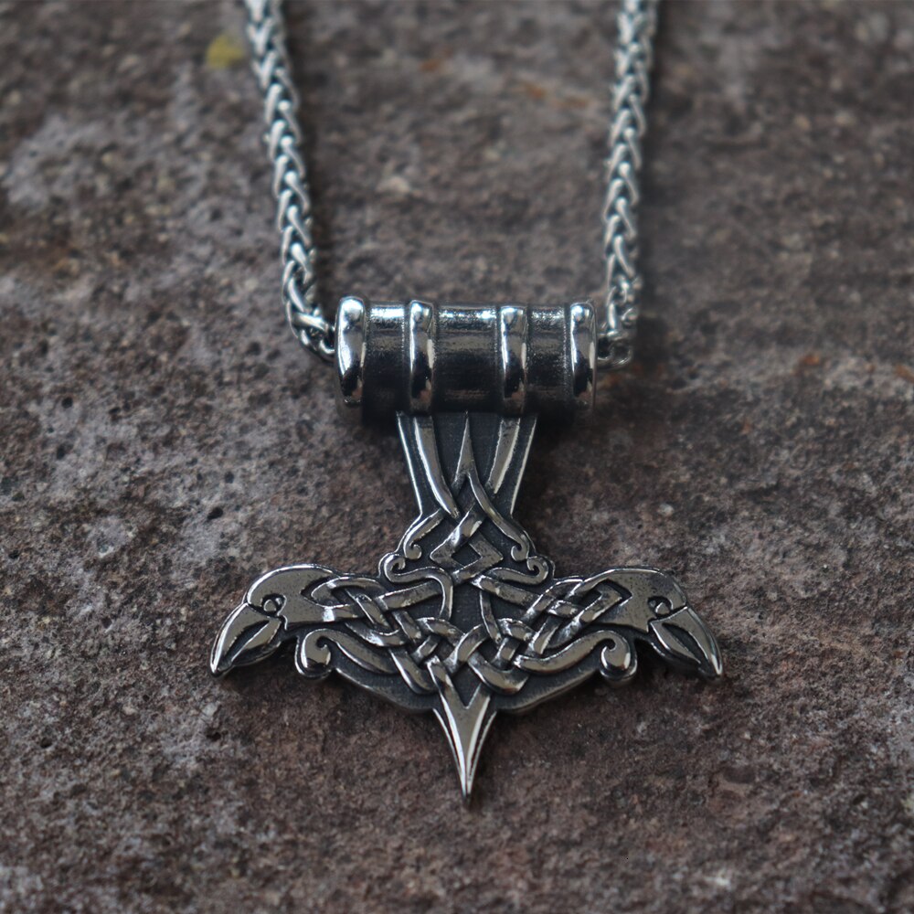 Viking Celtics Double Crow Mjolnir Thor's Hammer Stainless Steel Pendant